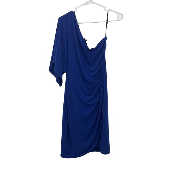 En Focus Studio Women Asymmetrical Blue Draped Mini Dress Size 6 One Sleeve - Picture 1 of 9